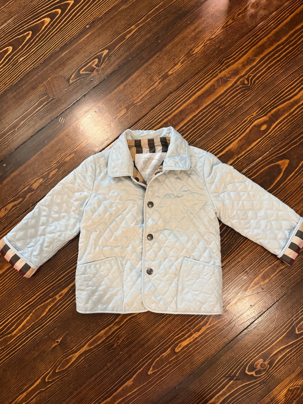 Burberry Light Blue Quilted Kids Jacket with Classic Plaid lining